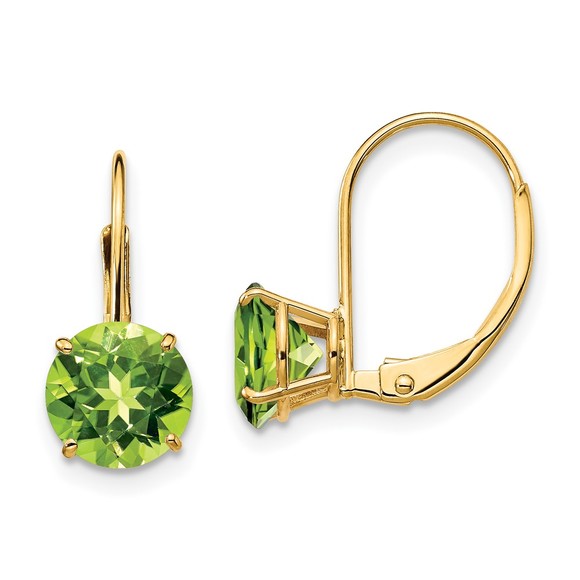 14k Yellow Gold 7mm Peridot August Birthstone Leverback Ladies Earrings - Picture 1 of 4